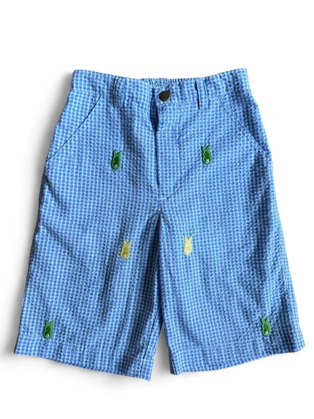 Vintage Blue Check Shorts with Bunny Embroidery